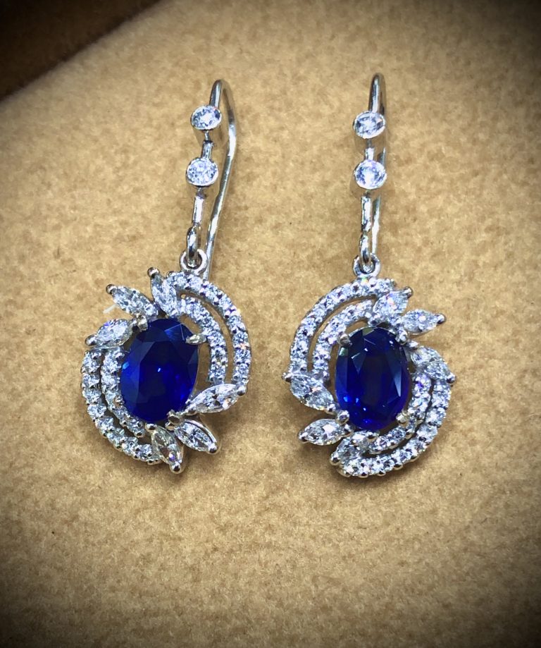 Certified Royal Blue Sapphire & Diamond Earrings in 18kt White Gold